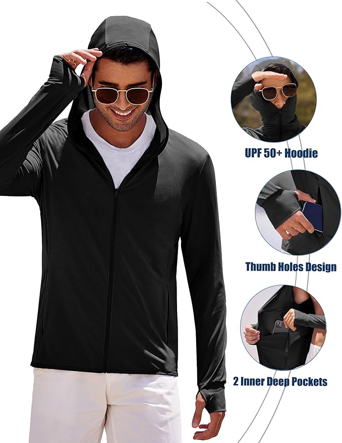 COOFANDY Men Full Zip UPF 50 Sun Protection Hoodie Jacket Long Sleeve Lightweight Breathable UV Shirts with Pockets