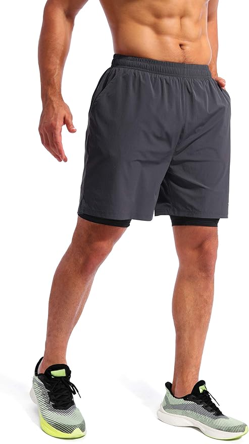 Pudolla Men’s 2 in 1 Running Shorts 5" Quick Dry Gym Athletic Workout Shorts for Men with Phone Pockets