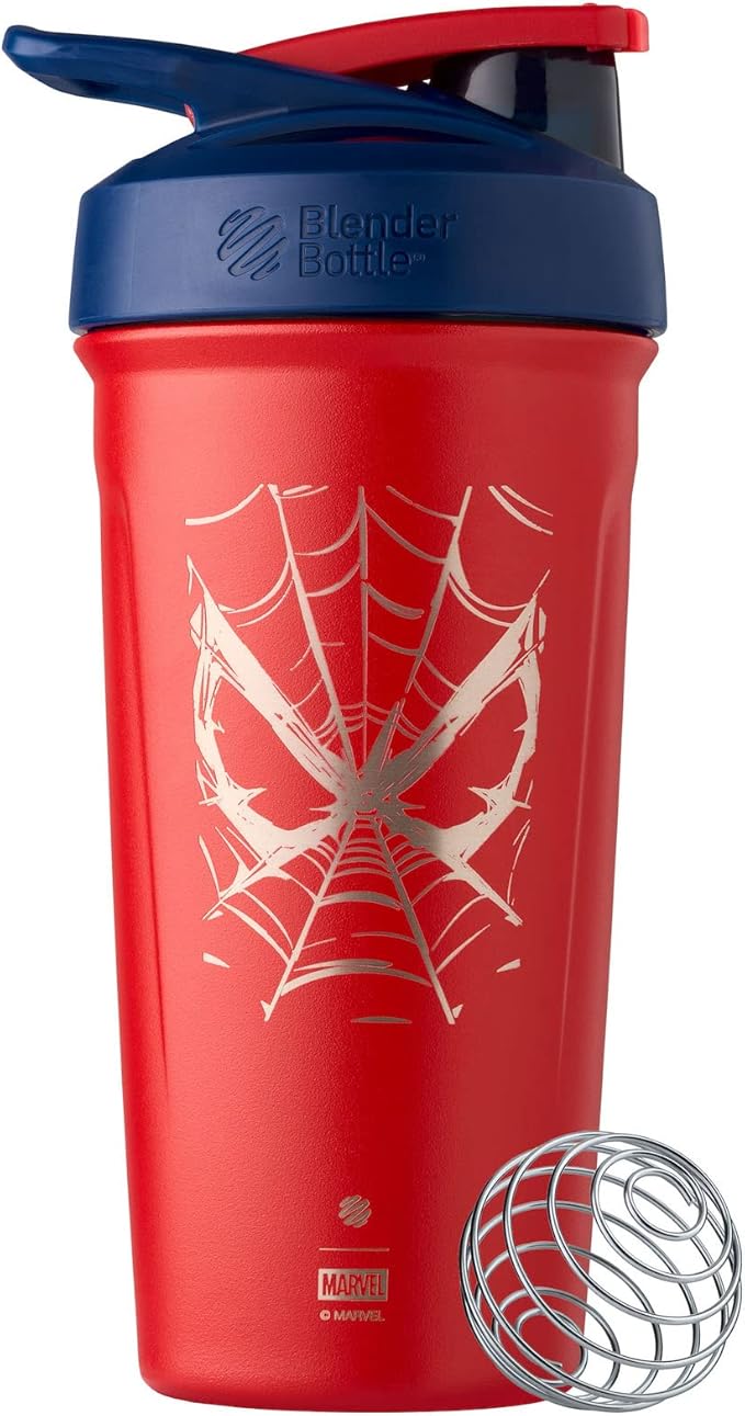 BlenderBottle Marvel Sport Insulated Stainless Steel Shaker Bottle with Wire Whisk, 24-Ounce, Spiderman Web – Protein Shakes & Hydration for Athletes & Fitness Enthusiasts, Easy Mixing, Keeps Drinks Cold, Lockable Lid