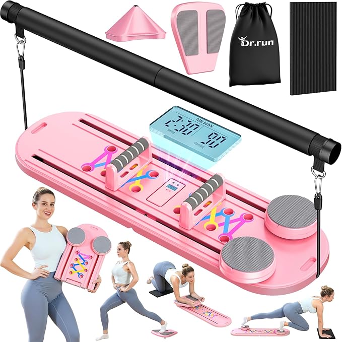 Pilates Board, Pilates Reformer Set, 7 in 1 Multifunctional Pilates Reformer Machine with Timer, Portable Foldable Pilates Board for Home Workout, Pilates Kit with Storage Bag