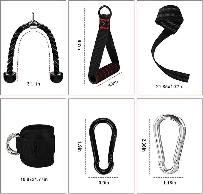 Cable Machine Attachment Set - Ankle Straps for Cable Machines, Tricep Rope, Gym Exercise Handles, Lifting Wrist Straps, Cable Kick Back Ankle Strap, Lat Pulldown Attachments, Gym Accessories