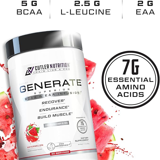 Generate EAA and BCAA Powder: Best Post Workout Recovery Drink and Branched Chain Amino Acids Supplement with Essential Amino Acids, 5g BCAAs, 2g EAAs for Lean Muscle Mass | Watermelon, 30 Servings
