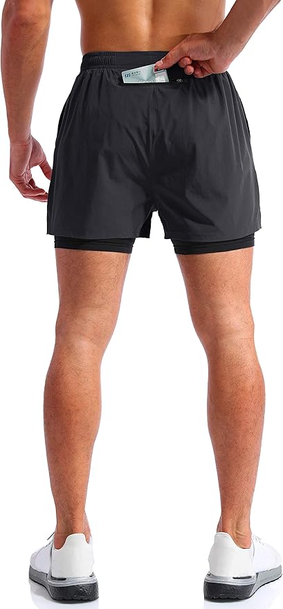 Pudolla Men’s 2 in 1 Running Shorts 5" Quick Dry Gym Athletic Workout Shorts for Men with Phone Pockets