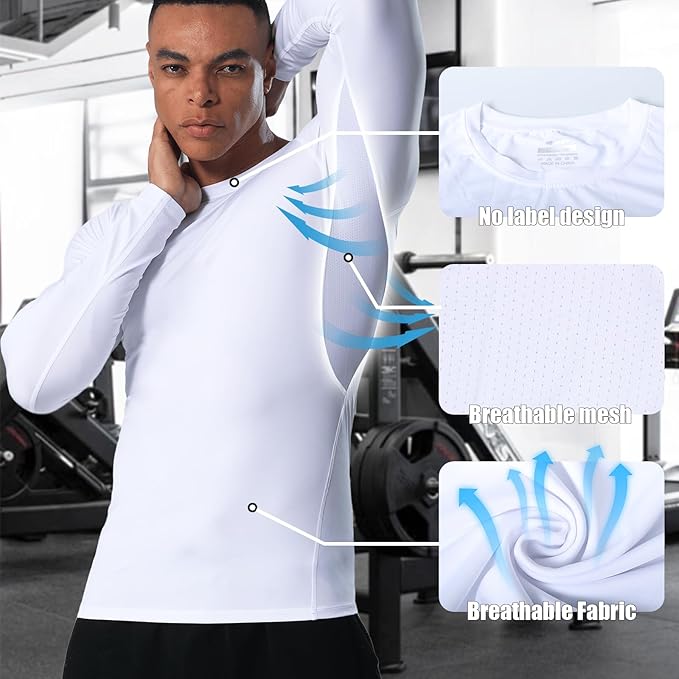 Men's Long Sleeve Compression Shirts Athletic Sport Undershirts Tight Base Layer Tops Rash Guard Workout Running Gym