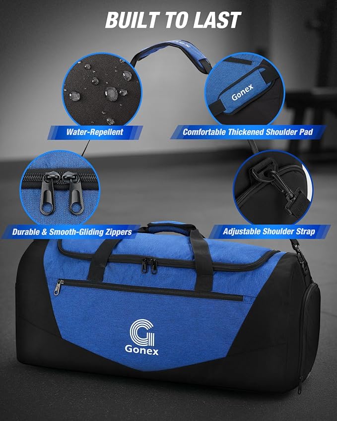 Gonex Gym Duffel Bag with Shoe Compartment Wet Pocket, Large Capacity Sports Duffle Bag for Men Women, Workout & Travel Bag with Multiple Pockets, Black/Blue, Small (30L)