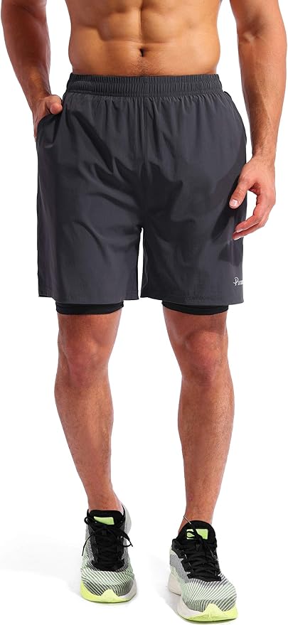 Pudolla Men’s 2 in 1 Running Shorts 5" Quick Dry Gym Athletic Workout Shorts for Men with Phone Pockets