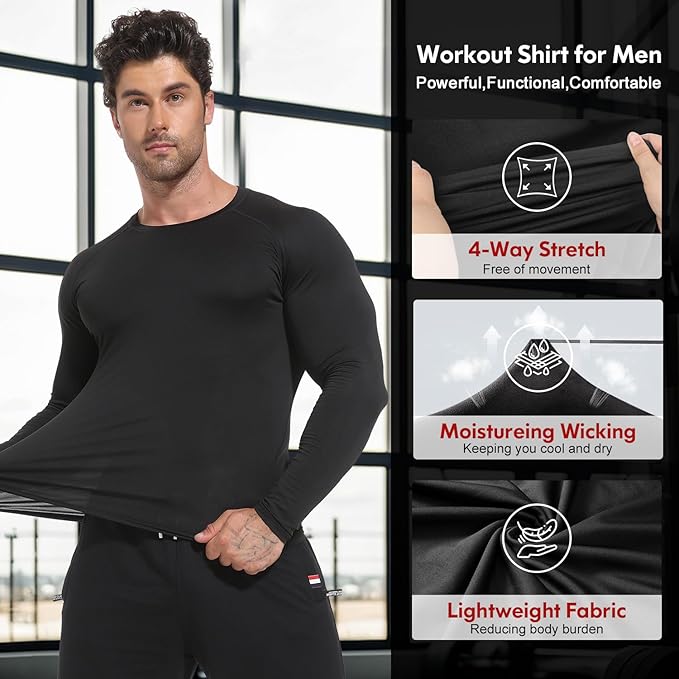 CL convallaria 4 Pack Compression Shirts Men Long Short Sleeve Cooling Dry Rash Guard Athletic Workout T Shirt for Sports