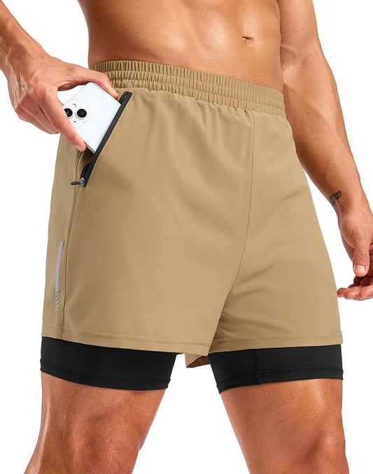 Pudolla Men's 7" Running Shorts with Zipper Pockets Quick Dry 2 in 1 Workout Gym Shorts with Liner for Tennis Yoga Training