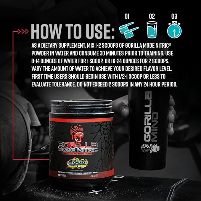 Gorilla Mode Nitric Upgraded Stimulant Free Pre-Workout – Best Tasting and Most Effective Stimulant Free Pre-Workout/Massive Pumps · Vasodilation · Power / 808 Grams (Sour Gummy Worms)