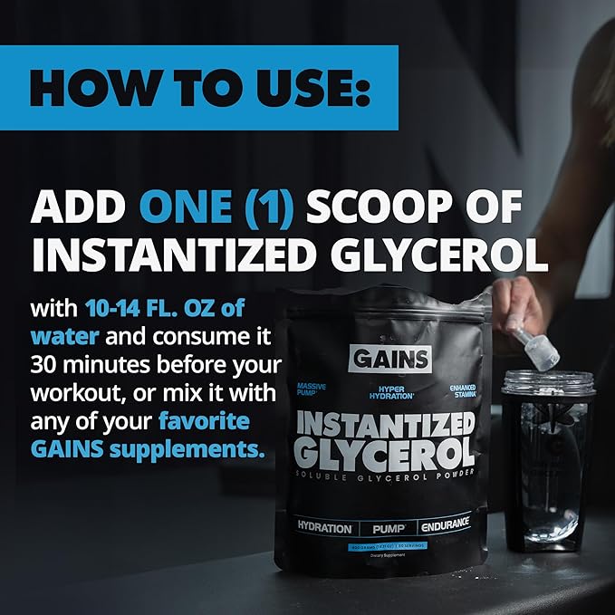 Gains in Bulk Instantized Glycerol Powder, Pre Workout Formula for Muscle Recovery, Pump and Hydration Support, Workout Supplement for Men and Women, Sugar Free, Non-Clumping, Unflavored, 80 Servings