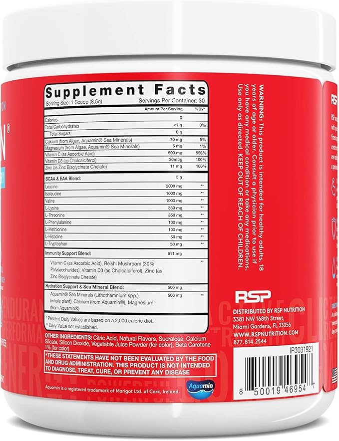 AminoLean Hydrating Electrolyte Powder and Recovery Drink with Sea Minerals, Nootropic Mushrooms, and Vegan Amino Acids, BCAAs + EAAs for Post Workout Muscle Building, Tropical Punch