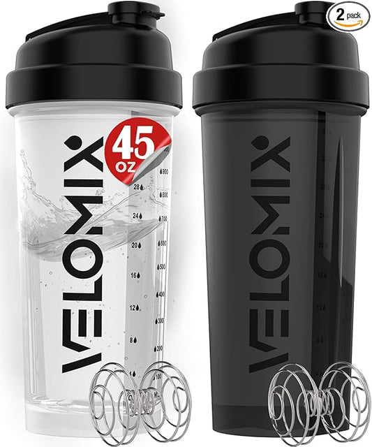 VELOMIX -2 Pack- 45 oz Protein Shaker Bottles for Protein Mixes - 2x Wire Whisk | Leak Proof Shaker Cups for Protein Shakes | Protein Shaker Bottle Pack | Shakers for Protein Shakes-Black&Transparent