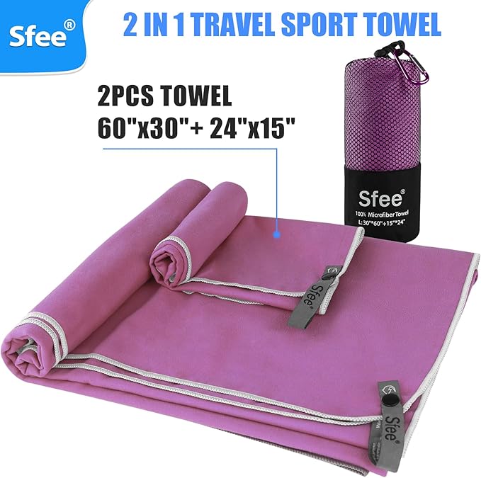 Sfee 2 Pack Microfiber Travel Towel, Quick Dry Camping Towel Large Beach Towel Super Absorbent Compact Lightweight Sports Gym Towels for Beach, Gym, Hiking, Pool, Backpacking, Bath, Yoga
