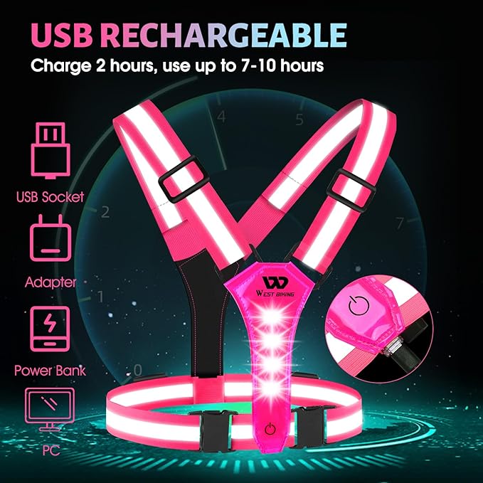 West Biking Running Vest Light - Led Running Reflective Gear for Walking at Night, High Visibility Night Rechargeable Light Up Running Vest, Adjustable Running Lights for Runners