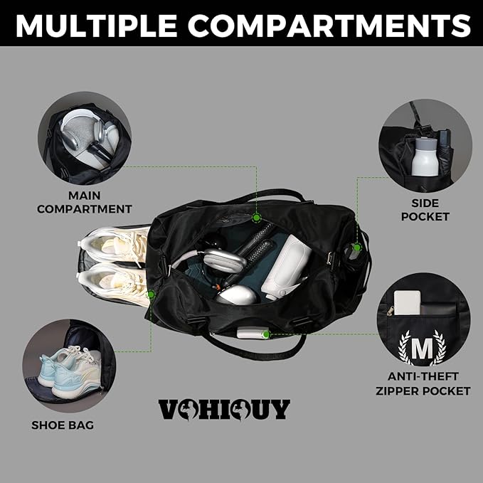 Gym Bag for Women & Men, Fitness Workout Sports Travel Duffle Bag with Wet Pocket & Shoes Compartment, Great Present for Gym Lovers (Jet Black, A)