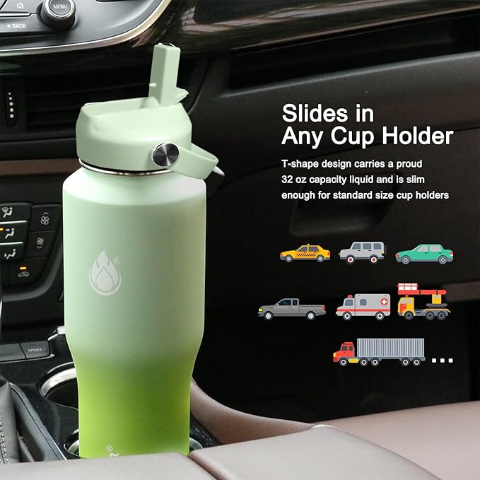 SENDESTAR 32oz Water Bottle Wide Mouth Stainless Steel Vacuum Insulated Double Wall with Straw Lids Fit in Any Car Cup Holder,Neon