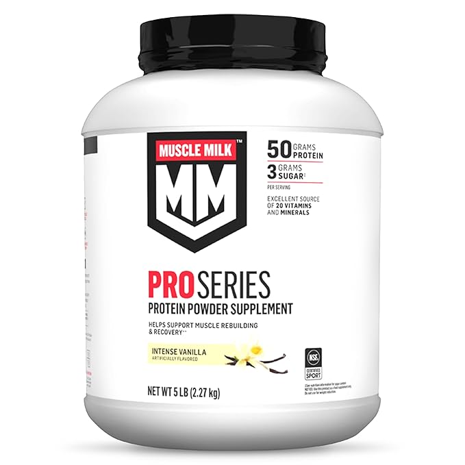 Muscle Milk Pro Series Protein Powder Supplement, Intense Vanilla, 5 Pound, 28 Servings, 50g Protein, 3g Sugar, 20 Vitamins & Minerals, NSF Certified for Sport, Workout Recovery, Packaging May Vary