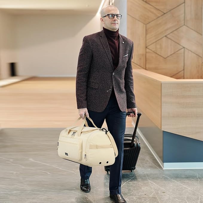 Large Travel Duffle Gym Bag with Shoe Compartment, Underseat Carry On Luggage Overnight Weekender Personal Item Workout Bags for Women Men (Offwhite)