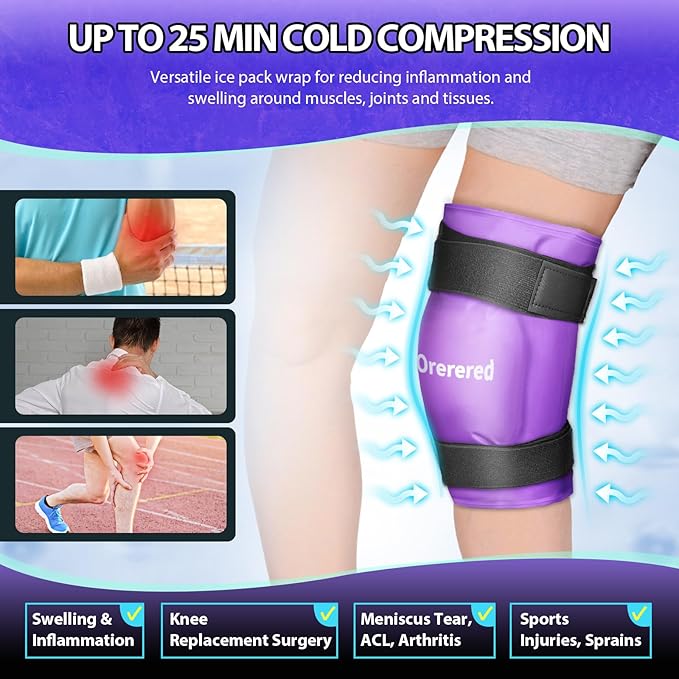 Knee Ice Pack Wrap for Injuries Reusable, Cold Packs for Knee Elbow Pain Relief for Replacement Surgery, Swelling, Meniscus Tear, ACL, Sports Injuries, Bruises and Arthritis Purple
