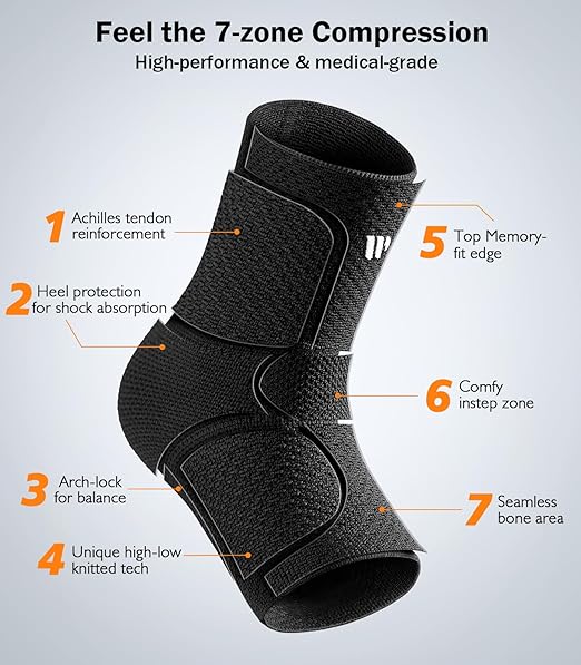 Flat Knitting Ankle Brace For Women&Men, 7-Zone Dynamic Compression Sleeve w/Flex Strap,Foot Support For Sports, Sprained Ankle, Achilles Tendonitis, Plantar Fasciitis Relief(Pack of1)XL, Black