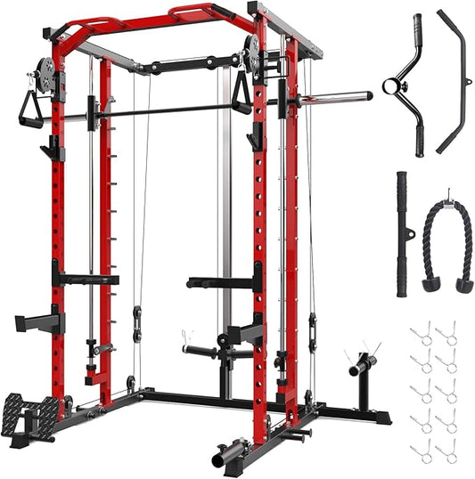 GarveeLife Power Cage, Smith Machine Squat Rack, Heavy Duty Power Rack for Home Gym with Pulley System, Dip Bar, LAT Pulldown, Multifunctional Squat Rack for Home Gym