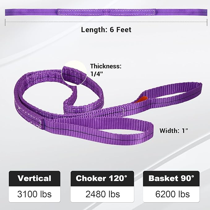 Leyso Pack of 2 Purple 6' x 1" Multifunctional Heavy Duty Lift Sling Web Town Strap with 5" Diameter Reinforced Loops and Wear Guard End