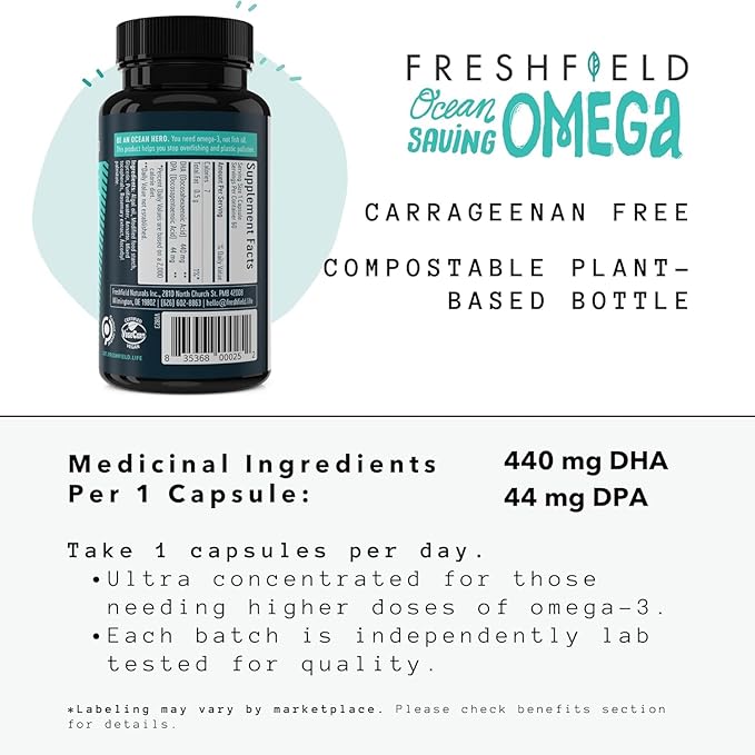 Ocean Saving Omega, Algae Omega 3, DHA Supplement, 6-Month Supply, Highest Levels of DHA per Capsule (440 mg), w/DPA