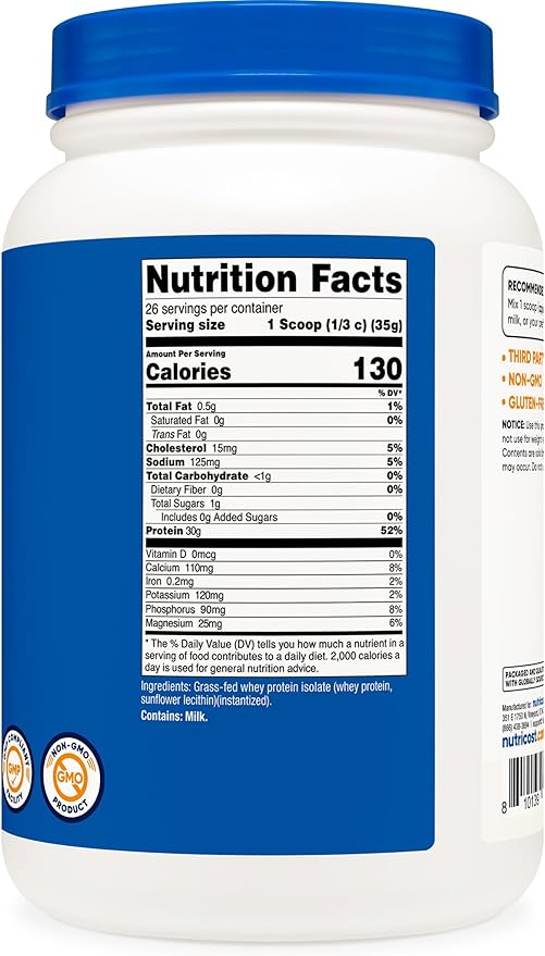Nutricost Grass-Fed Whey Protein Isolate (Unflavored) 2LBS - Non-GMO, Gluten Free, Pure Protein
