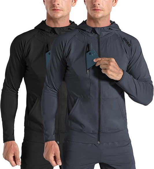 BROKIG Mens WindBreak Lightweight Running Jackets with Zip Pocket, Workout Track Hoodie Athletic Gym Sweatshirts Men