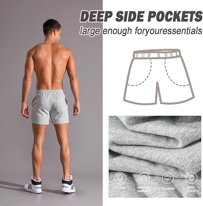 Mens 5 Inch/7 Inch Cotton Shorts Mens Sweat Athletic Shorts for Men Gym Worket Shorts with Pockets