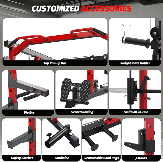 GarveeLife Power Cage, Smith Machine Squat Rack, Heavy Duty Power Rack for Home Gym with Pulley System, Dip Bar, LAT Pulldown, Multifunctional Squat Rack for Home Gym