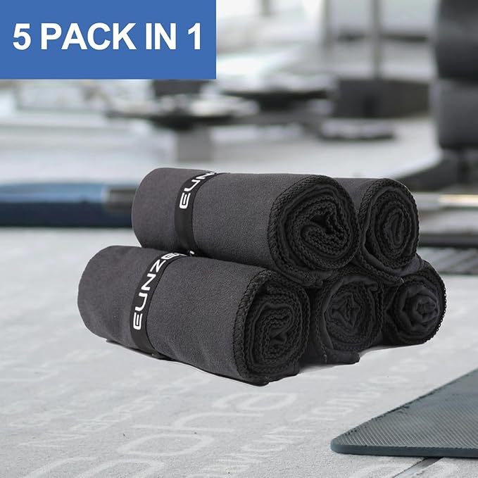 Eunzel Microfiber Workout Towel,Quick Dry Silver Ion Absorbent Sweat Gym Towel for Workout, Camping, Travel, Exercise& Fitness 31.5"x15.7", Set of 5 Black