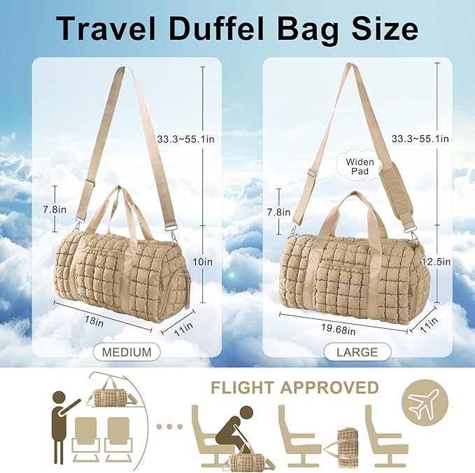 Quilted Travel Duffle Bag Gym Bag for Women,Large Puffer Duffle Weekender Bag with Compartment,Workout Overnight Carry on Organizer Bag Duffle Bag for Airplane Travel(L-Khaki)