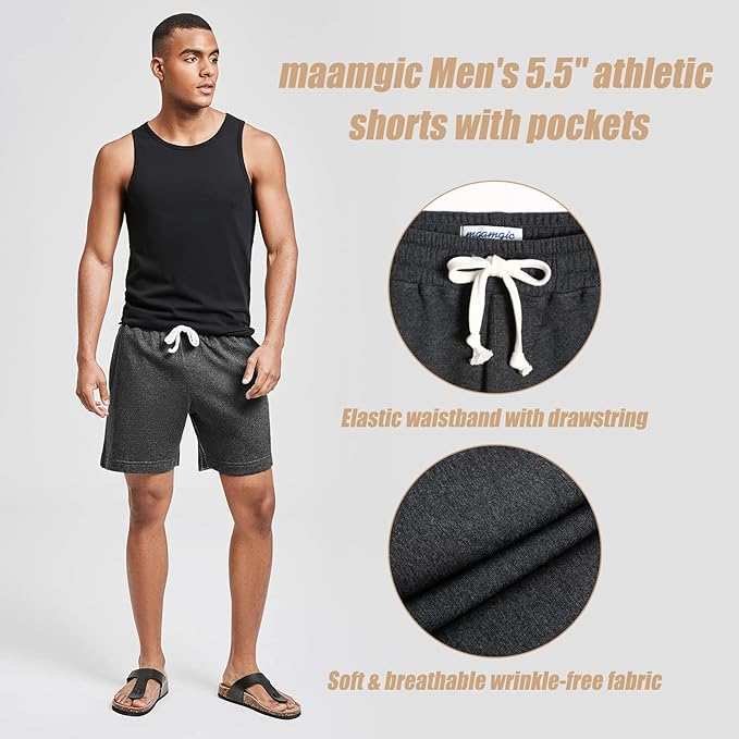 maamgic Mens Athletic Gym Shorts 5.5" Elastic Waist Casual Pajama Pocket Jogger Men Workout Short Pants
