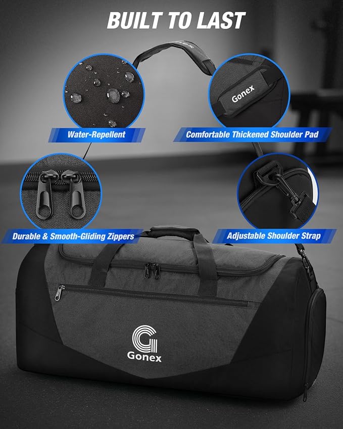 Gonex Gym Duffel Bag with Shoe Compartment Wet Pocket, Large Capacity Sports Duffle Bag for Men Women, Workout & Travel Bag with Multiple Pockets, Black, Medium (60L)