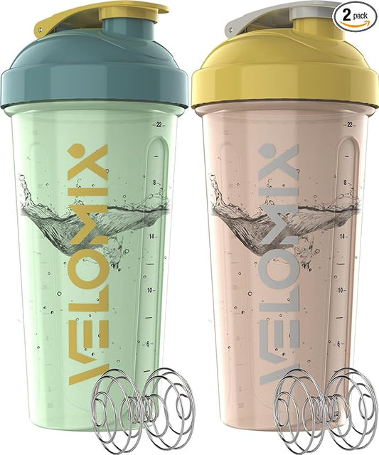 VELOMIX -2 Pack- 28 oz Protein Shaker Bottles for Protein Mixes - 2x Wire Whisk | Leak Proof Shaker Cups for Protein Shakes | Protein Shaker Bottle Pack | Shakers for Protein Shakes-Soft Combo