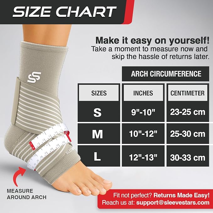 Sleeve Stars Ankle Brace for Women & Men, Ankle Wrap for Sprain, Compression Sleeve for Plantar Fasciitis Relief, Easy Customizable Support: w/ Removable Strap (Single/M:10"-12"/Beige)
