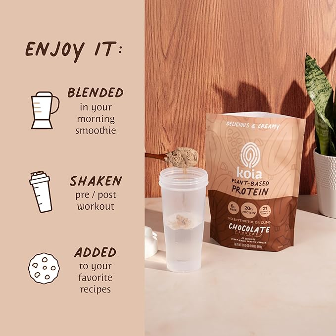 Koia Plant Based Protein Powder, Chocolate, 20g Protein, 3g Sugar, 6g Prebiotic Fiber, Pre & Post Workout, 21 Vitamins & Minerals, No Seed Oils, Dairy-Free, Gluten-Free, Non-GMO, 20 Servings, 28.2 Oz