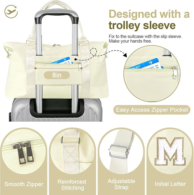 Dance Gym Duffel Bag for Teen Girls, Personalized Initial Travel Weekender Bag,Cute Overnight Carry On Duffle for Women,Sports Travel Cheer Bag,Monogram Christmas Gifts for Tween Preppy(beige-M)