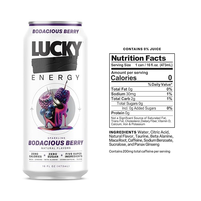 Lucky Energy Sugar Free Energy Drinks 16 Fl Oz Cans (12-Pack) Healthy Energy Drink. Bodacious Berry with Maca, Ginseng, Taurine, Beta-Alanine, 200mg Caffeine