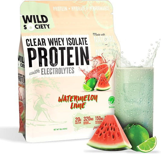 WILD SOCIETY - Clear Whey Protein + Electrolytes - Refreshing Whey Protein Isolate Powder - 20g Protein, 0 Added Sugar, GMO-Free, Natural Flavors & Colors - Watermelon Lime, 16 oz