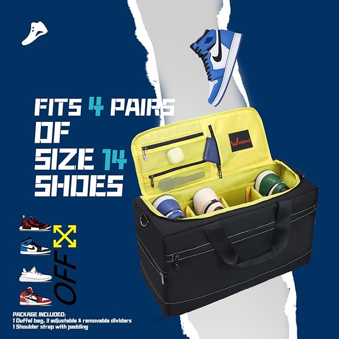 Sneaker Duffel Travel Bag, Waterproof Sneaker Duffle Bags Shoe Bags for Travel, Basketball Sports Gym bag with 3 Adjustable Dividers, & Shoulder Strap, Yellow