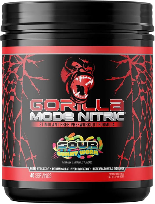 Gorilla Mode Nitric Upgraded Stimulant Free Pre-Workout – Best Tasting and Most Effective Stimulant Free Pre-Workout/Massive Pumps · Vasodilation · Power / 808 Grams (Sour Gummy Worms)