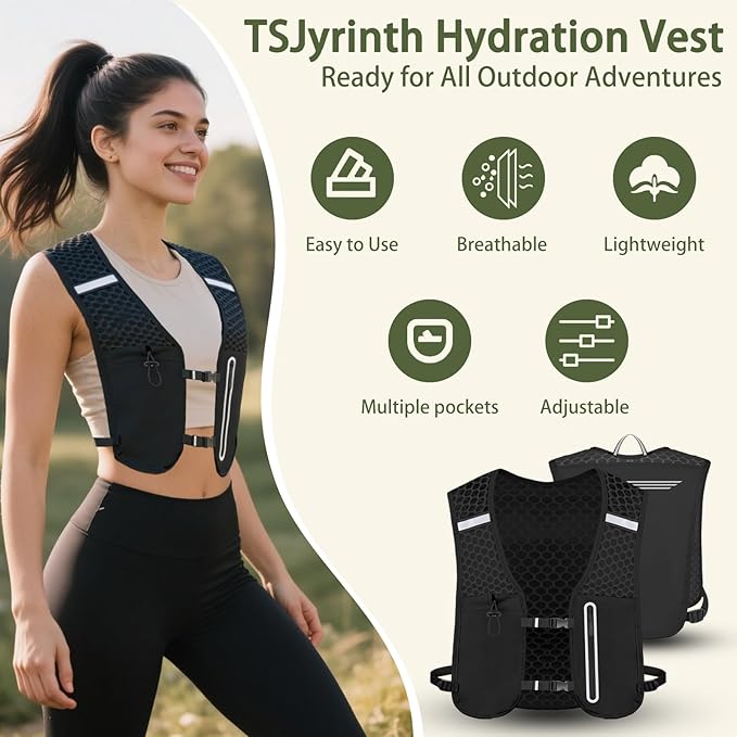 Unisex Running Vest Running Backpack - Adjustable Size Lightweight Trail Hydration Vest with 2L Bladder & 500ml Soft Flask, Mesh, Large Phone Pocket for Night Walking, Marathon(Reflective Strips)