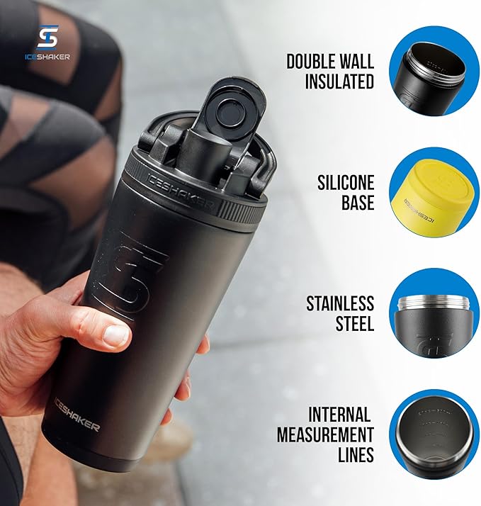 Ice Shaker Insulated Stainless Steel Shaker Bottle | 26oz, Yellow/black | Cold for 30+ Hours | Insulated Cup with Twist-on Agitator | Odor-Free Bottle for Protein Shakes, Water, Smoothies, Cocktails