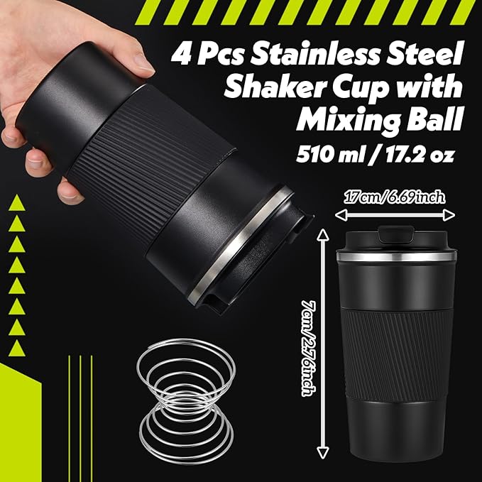 Maxdot 4 Pcs Stainless Steel Shaker Cup with Mixing Ball 17 oz Insulated Metal Blender Tumbler Water Bottle for Protein Mixes Gym Workout Coffee Drink (Black)