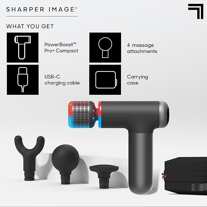 Sharper Image® Powerboost® Pro+ Hot & Cold Compact Deep Tissue Massage Gun - 6 Speed, 4 Attachments, Travel Case| Soothing Heat & Cold Therapy| Portable Lightweight Full Body Shoulder & Back Massager