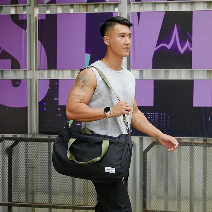 BE SMART Waterproof Mens Gym Bag with Shoe Compartment, Duffle Bag with Wet Pocket for Men, Lightweight Large Sport Duffel Bag With Tpu Pocket (Black/olive green with TPU pocket)