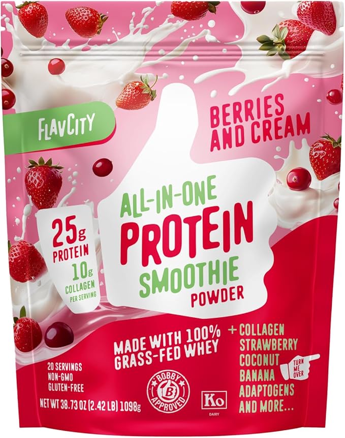 FlavCity Grass Fed Whey Protein Powder - Berries & Cream - 25g Protein & 10g Collagen - Made with Organic Strawberries & Coconut Milk - Gluten Free & No Added Sugars (20 Servings)