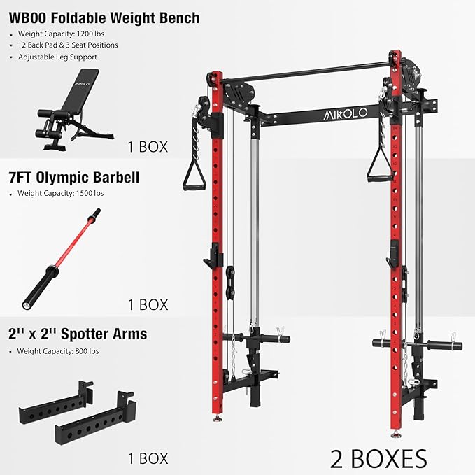 Mikolo Folding Squat Rack, Wall Mounted Power Rack with Cable Crossover Machine & LAT Pull Down, Functional Trainer with 5 Adjustable Function Modes, for Home Gym and Space Saving